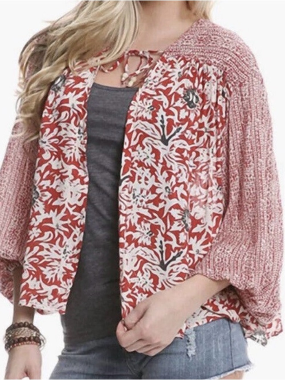 Free People Forget Me Not Red Mixed Print Floral Boho Kimono Cardigan Top S/P